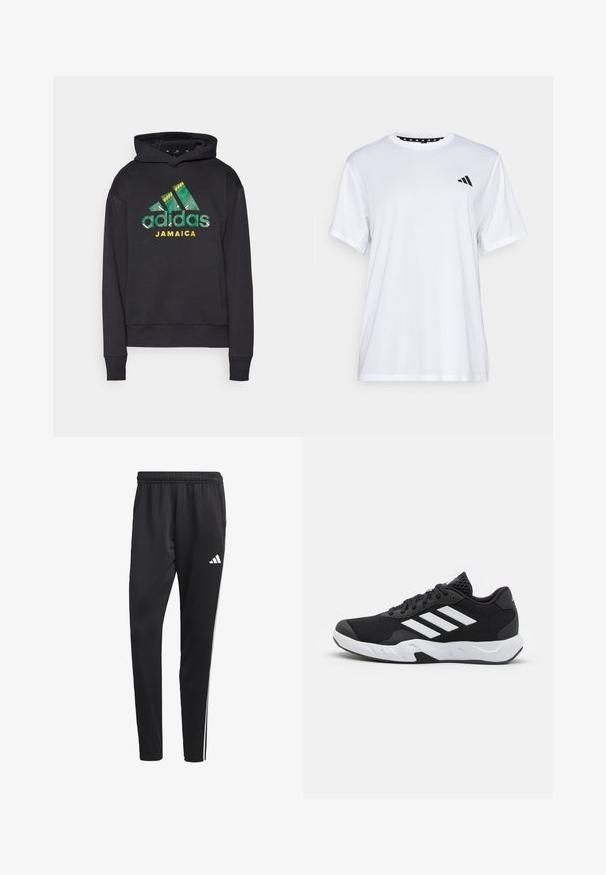 adidas Performance JAMAICA JFF SZN DK HOODIE - Džemperis ar kapuci - black; Balts sporta T-krekls ar īsām piedurknēm, izgatavots no mitrumu absorbējoša auduma. Tam ir melns logo kreisajā krūtī un rakstains iekšējais apkakles piegriezums.; Melnas sporta bikses ar stiepjas jostu, baltām sānu svītrām un mazu baltu logo uz augšstilba. Izgatavotas no gludas, vieglas materijas.; Melnas sporta kurpes ar teksturētu acu augšdaļu, baltām akcentu svītrām, mīkstu zoli un pastiprinātu papēdi atbalstam.