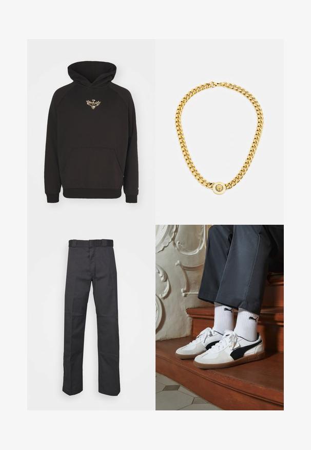 Felpa nera con cappuccio, realizzata in materiale morbido, caratterizzata da una tasca a marsupio e un design ricamato in oro sul petto. Maniche e orlo a costine.; Pantaloni neri realizzati in tessuto resistente, con un design a gamba dritta, una cintura con passanti per la cintura e cuciture per una maggiore texture.; Sneakers Puma in suede bianco e nero, con suola in gomma marrone. Abbinati a calzini bianchi con logo nero, indossati con pantaloni scuri.; Collana in oro con grandi anelli intrecciati, caratterizzata da un dettaglio pendente circolare al centro con un emblema in rilievo.