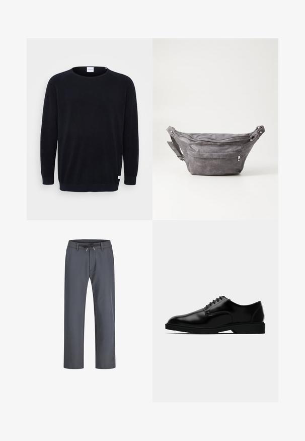 Juodas megztinis su apvaliu iškirpimu ir ilgomis raglano rankovėmis. Pasižymi raukšlėtomis rankogaliais ir apdaila, tekstūrine medžiaga bei maža etikete apdailoje.; Pilki, elastinga juosta apatiniai su raišteliu. Tiesių kojų dizainas, pagamintas iš lygaus audinio, turi minimalų siuvimą ir jokių matomų detalių.; Juodas odinis klasikinis batelis su lygiu paviršiumi, apvaliu nosiu, raišteliais ir diskretišku guminio pado dizainu, užtikrinančiu sukibimą.; Pilkas suedes fanny pack'as apvalios formos, su dviem užtraukiamais skyreliais ir reguliuojama diržele. Yra metaliniai aksesuarai.