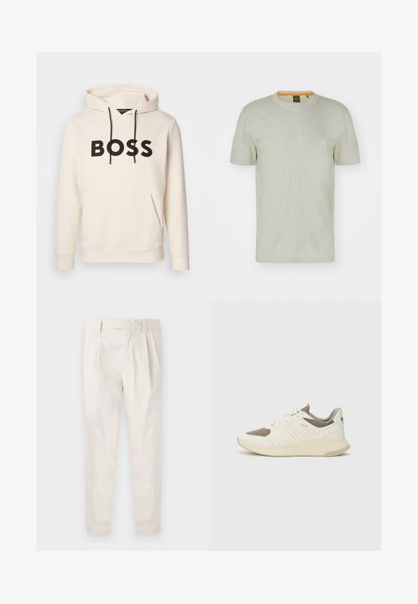 Cream-colored hoodie with black "BOSS" text on the chest, black drawstrings, and a front kangaroo pocket.; Light green short-sleeve T-shirt made of soft fabric, featuring a crew neck and a subtle logo on the front. Simple design with minimal detailing.; White, pleated trousers with a tailored fit, featuring a smooth texture, belt loops, and tapered legs. No visible pockets or patterns.; White and light beige athletic sneaker, featuring a mesh upper, perforated detailing, and a textured midsole with branding on the heel.