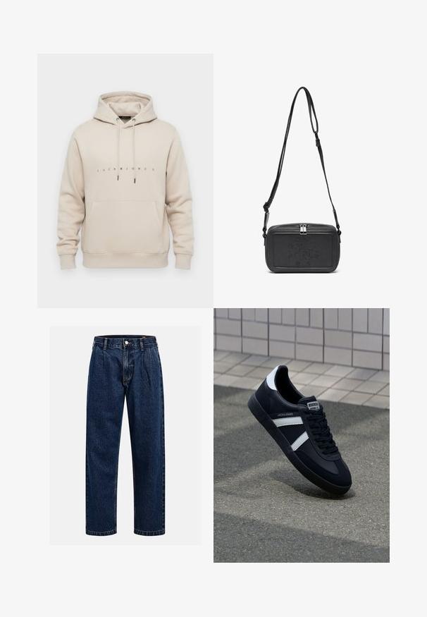 Beige hoodie met een voorzak, een trekkoordkap en "JACK & JONES" in kleine zwarte letters op de borst gedrukt.; Donkerblauwe denim jeans met een rechtlopende pasvorm. Beschikt over zichtbare stiksels, een knoopsluiting en voorste plooien voor extra detail.; Zwarte leren sneaker met witte strepen, een gestructureerde rubberen zool en vetersluiting aan de voorkant. Voorzien van een merklabel op de tong.; Zwarte leren schoudertas met een ritssluiting, reliëflogo aan de voorkant en een verstelbare schouderriem. Gladde textuur met een rechthoekige vorm.
