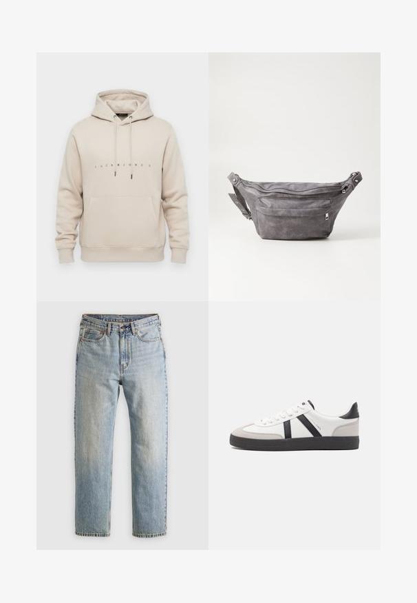 Beżowa bluza z kapturem z kieszenią z przodu, sznurkiem przy kapturze oraz napisem "JACK & JONES" wydrukowanym małymi czarnymi literami na klatce piersiowej.; Jasnoniebieskie dżinsy z wysokim stanem, z guzikiem z przodu, zamkiem błyskawicznym i pięcioma kieszeniami, ułożone na płasko na neutralnym tle.; Białe sneakersy z czarnymi i szarymi akcentami, z teksturowanym szarym czubkiem, czarną gumową podeszwą i płaskimi białymi sznurowadłami. Czysty design, minimalistyczny styl.; Szara zamszowa saszetka biodrowa o zaokrąglonym kształcie, z dwoma zasuwanymi komorami i regulowanym paskiem. Wyróżnia się metalowymi akcentami.