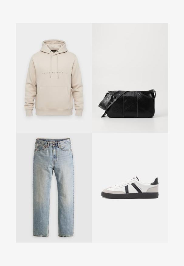 Hoodie beige avec poche frontale, capuche à cordon de serrage, et "JACK & JONES" imprimé en petites lettres noires sur la poitrine.; Jean en denim bleu clair à taille haute, avec bouton avant, fermeture éclair et design à cinq poches, posé à plat sur un fond neutre.; Baskets blanches avec des accents noirs et gris, présentant un embout texturé gris, une semelle en caoutchouc noir et des lacets plats blancs. Design épuré, style minimaliste.; Sac à épaule en cuir noir avec une fermeture éclair, doté d'un corps texturé, de coutures blanches et d'une sangle avec des œillets en argent.