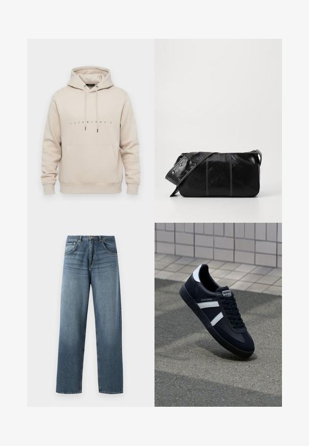 Hoodie beige avec poche frontale, capuche à cordon de serrage, et "JACK & JONES" imprimé en petites lettres noires sur la poitrine.; Jean en denim bleu à jambe droite avec un délavage, présentant un design à cinq poches, un bouton en métal et des passants de ceinture. Tissu structuré de poids moyen.; Sneaker en cuir noir avec des rayures blanches, semelle en caoutchouc texturée et devant à lacets. Présente une étiquette de marque sur la languette.; Sac à épaule en cuir noir avec une fermeture éclair, doté d'un corps texturé, de coutures blanches et d'une sangle avec des œillets en argent.