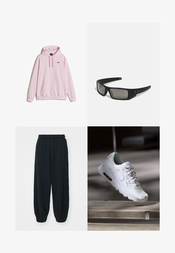 Jasnoróżowy hoodie, mieszanka bawełny, z kieszenią kangurzą z przodu, regulowanym kapturem z sznurkiem i małym logo na piersi. Miękka tekstura.; Czarne dresy z elastycznym pasem, luźny krój, ściśnięte nogawki, gładka tekstura, bez widocznych wzorów lub ozdób.; Białe sneakersy Nike Air Max 90 z siateczkowym i skórzanym wierzchem, perforowanym czubkiem oraz widoczną jednostką Air w pięcie.; Czarne okulary przeciwsłoneczne z matowym wykończeniem, prostokątne soczewki, lekko wygięte zauszniki, subtelny detal z logo oraz szkła w odcieniu dymnym.