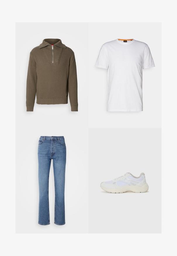 Barna bordás pulóver fél cipzárral és széles gallérral. Texturált szövetből készült, enyhén cropped aljjal. Egyszerű design.; Fehér pamut póló kerek nyakkivágással, rövid ujjakkal, és finoman domborított logóval a mellkason. A belső címke narancssárga akcentussal rendelkezik.; Kék farmernadrág magas derékkal, egyenes szabású dizájnnal és enyhe kopással. Jellemzője az klasszikus öt zsebes kialakítás és cipzáras zárás.; Fehér sportcipők, amelyek hálós és velúr anyagból készültek, texturált középtalppal, texturált részletekkel és a "HUGO" logóval az oldalon.