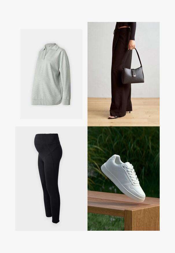 Pullover grigio chiaro con colletto, maniche lunghe e vestibilità comoda. Realizzato in tessuto morbido con una trama liscia e un motivo sottile.; Leggings premaman neri con vita alta, realizzati in materiale elasticizzato. Presentano una texture liscia e un design aderente per il massimo comfort.; Sneaker bianco con tomaia in sintetico liscio, punta perforata, lacci piatti e suola testurizzata, esposto su una superficie di legno.; Borsa nera con forma strutturata, texture liscia e una chiusura metallica. Abbinata a pantaloni neri larghi e sandali open-toe su un pavimento in legno.