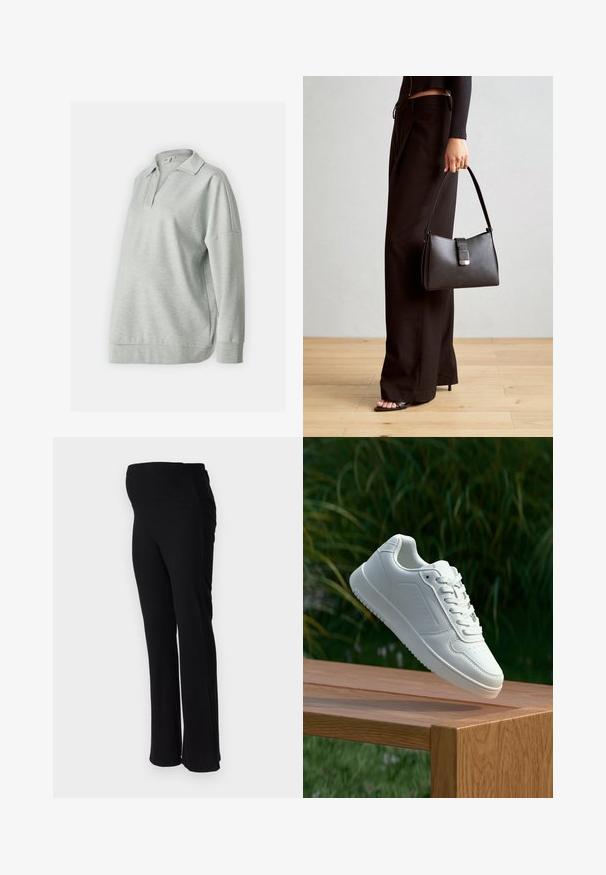 Világosszürke pulóver, gallérral, hosszú ujjakkal és laza szabással. Puha anyagból készült, sima textúrával és diszkrét mintázattal.; ONLY MATERNITY OLMHALLE - Nadrágok - black; Fehér sportcipő sima szintetikus felsőrésszel, perforált lábujjrész, lapos fűzőkkel és texturált talppal, fából készült felületen kihelyezve.; Fekete kézi táska strukturált formával, sima textúrával és fémből készült záródással. Széles fekete nadrággal és nyitott orrú szandállal párosítva, fából készült padlón.