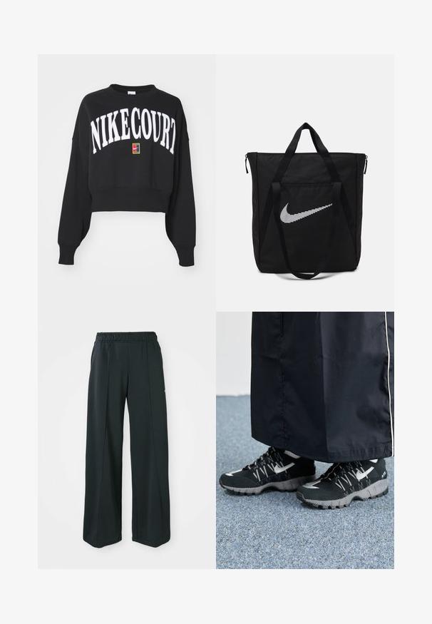 Melnā īsā krekla kapuce ar baltu "NIKECOURT" uzrakstu. Aprīkots ar garām piedurknēm un nelielu krāsainu logo uzlīmi priekšpusē. Mīksts audums.; Melnas, platajās sporta bikses ar elastīgu jostu. Izgatavotas no gludas, elastīgas auduma, ar viegli pamanāmiem priekšējiem šuvēm un bez kabatām.; Melnas sporta kurpes ar teksturētu augšdaļu, sudraba akcentiem un zīmējuma zoli, apvienotas ar melnu garu apģērbu. Fons ir zils paklājs.; Melna neilona koferis ar divām izturīgām rokturiem un ar rāvējslēdzēju. Tam ir izteikts balts Nike swoosh logotips horizontāli svītrainā dizainā.