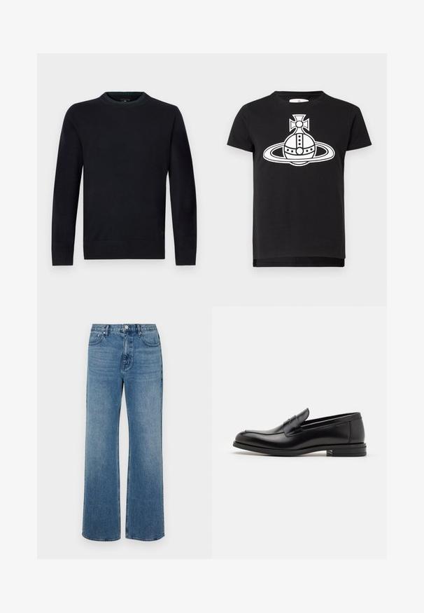 Maglione girocollo blu navy in morbido tessuto a maglia, con polsini e orlo a coste per una forma aderente, con un dettaglio logo discreto sul fondo.; T-shirt nera a maniche corte con una grande grafica bianca di un orbe stilizzato e un anello sormontato da una croce al centro davanti.; Jeans a gamba larga blu in denim con una finitura sbiadita. Presentano cinque tasche, una chiusura con bottone frontale e una vestibilità dritta.; Mocassini neri in pelle con una texture liscia, punta arrotondata e una striscia decorativa sulla tomaia. Tacco basso impilato, design minimalista.