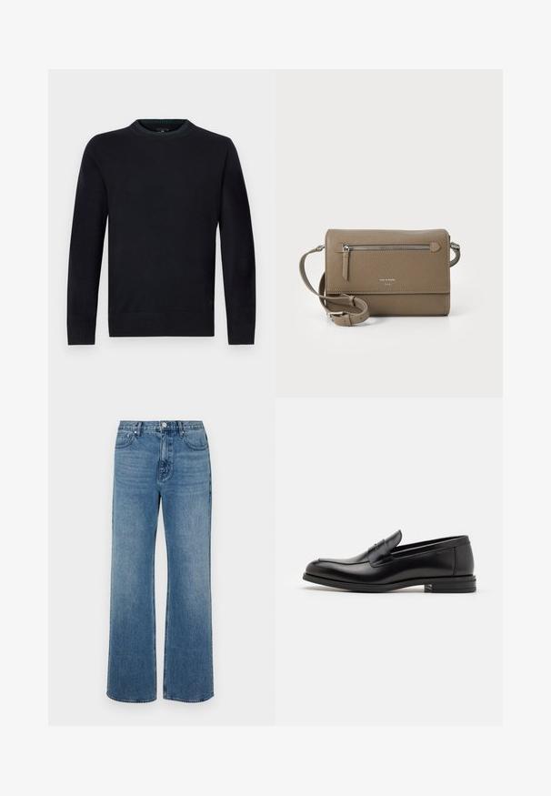 Navy blue crew neck sweater made of soft knit fabric, featuring ribbed cuffs and hem for a fitted shape, with a subtle logo detail at the bottom.; Wide-leg blue jeans made of denim with a faded finish. Features five pockets, a front button closure, and a straight cut.; Black leather loafers with a smooth texture, rounded toe, and a decorative strap across the vamp. Low stacked heel, minimalist design.; Taupe leather crossbody bag with a zippered front pocket, adjustable strap, pebble texture, and embossed logo on the front.