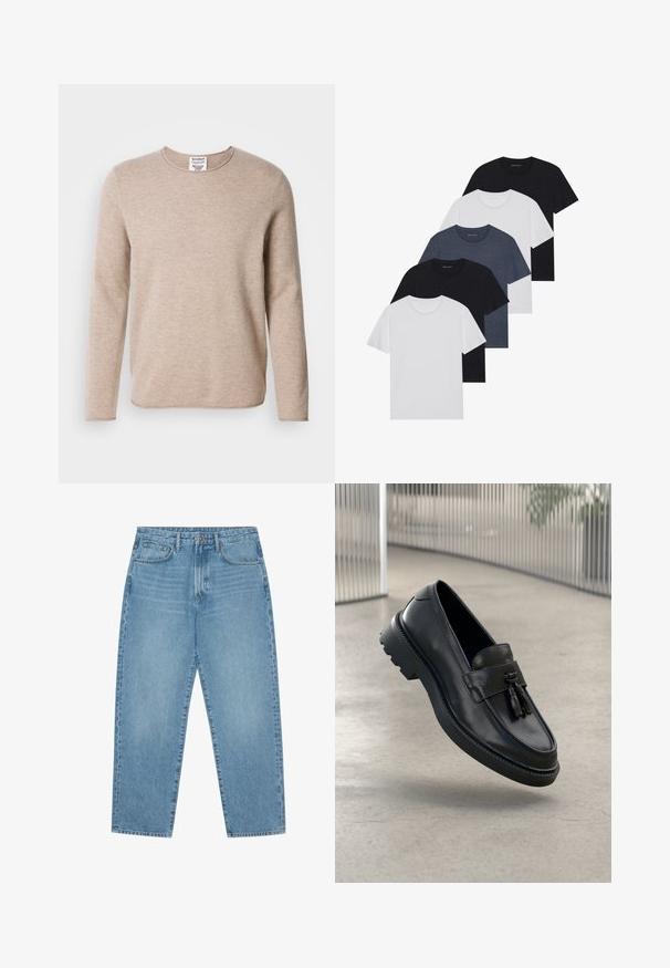 Beige long-sleeve sweater made of soft fabric with a round neckline and straight hem. Features a textured knit and minimalistic design.; Set of five t-shirts in black, white, and navy blue. Cotton fabric, short sleeves, crew neck design, and plain texture with no patterns.; Light blue denim wide-leg jeans with a high waist, featuring five pockets, belt loops, and a soft, slightly faded texture.; Black leather loafers with a smooth finish, decorative tassel, thick rubber sole, and stitched accents. Lightweight and sleek design.