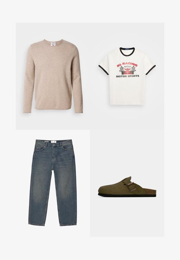 Krém színű, hosszú ujjú pulóver, puha anyagból, kerek nyakkivágással és egyenes aljjal. Texturált kötés és minimalista dizájn jellemzi.; Fehér pamut póló fekete szegélyezett gallérral és ujjal. Piros és fekete grafikával díszített, versenyautóval és kockás zászlókkal ábrázolva.; Kék farmernadrág laza szabással, klasszikus öt zsebes kialakítással és minimális kopással. Gombos záródással és övhurkokkal rendelkezik.; Olíva zöld slip-on klumpa széles, állítható pánttal és bronz csattal, parafa talpbetéttel és fekete gumi talppal.