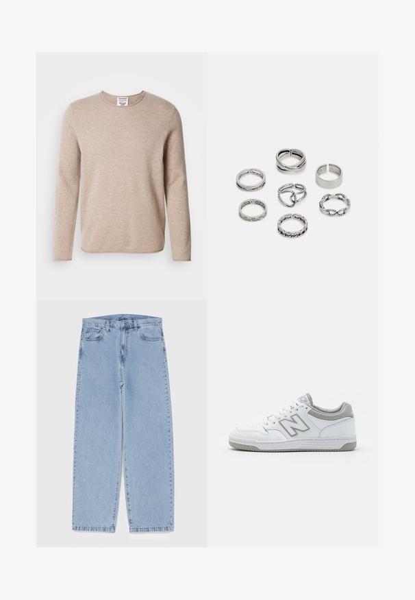 Pull en beige à manches longues en tissu doux, avec un col rond et un ourlet droit. Présente un tricot texturé et un design minimaliste.; Jean en denim bleu clair avec une coupe droite, présentant une taille mi-haute, cinq poches, et une fermeture à bouton et à fermeture éclair.; Baskets en cuir blanc avec des accents gris, dotées d'une boîte à orteils perforée, de lacets plats et d'une semelle à motifs. Logo New Balance sur le côté.; Ensemble de sept bagues en argent présentant divers designs, notamment des motifs torsadés, entrelacés et gravés. Différentes formes et largeurs.