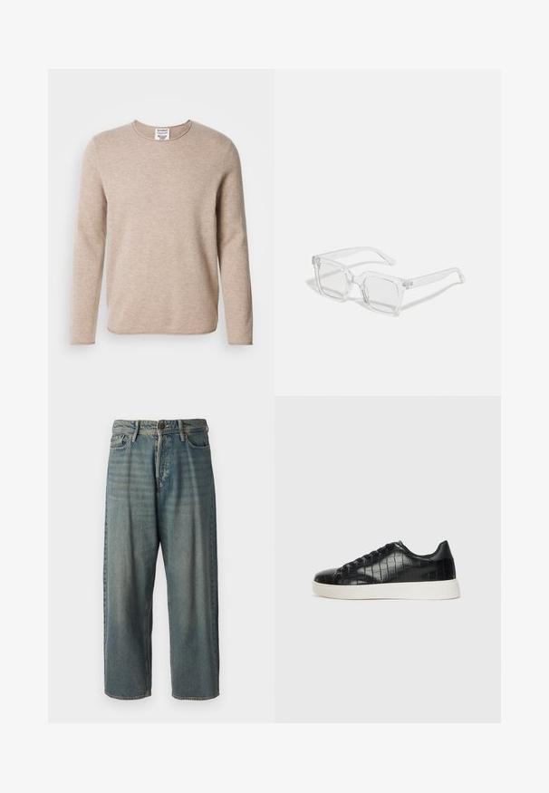 Béžový svetr s dlouhým rukávem vyrobený z měkké látky s kulatým výstřihem a rovnym lemem. Disponuje strukturovaným pletením a minimalistickým designem.; Světle modré denimové džíny s volným střihem, středně vysokým pasem a rovnými nohavicemi. Obsahují pět kapes, poutka na opasek a zapínání na knoflík.; Černé tenisky s texturovaným vrškem z kůže s embosovaným hadím vzorem, kulatou špičkou a kontrastní bílou gumovou podrážkou s hladkým povrchem.; Průhledné obdélníkové sluneční brýle s tlustým plastovým rámem, vybavené mírně zrcadlovými čočkami a bez dalších vzorů či akcentů.