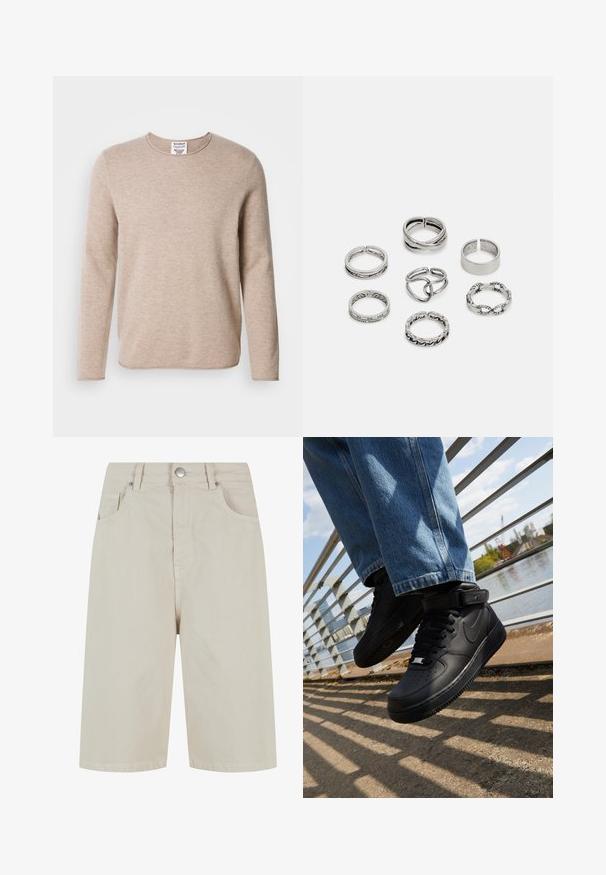 Beige pika-pika varrukatega sviiter, mis on valmistatud pehmest kangast ümara kaelusega ja sirge hemiga. Omab tekstureeritud kudumist ja minimalistiilist disaini.; Beige denim lühikesed püksid otseküljega, ees nööpkinnitusega ja nelja taskuga. Kangas on sileda tekstuuriga ja minimaalsete õmblustetailidega.; Mustad mustad Nike Air Force 1 sneakerid nahast pealsega, mestist keelaga ja kummist tallaga, millel on kõrge disain ja paksud paelad.; Seitsme hõbesõrmuse komplekt, millel on erinevad kujundid, sealhulgas keerdunud, seotud ja graveeritud mustrid. Erinevad kujundid ja laius.