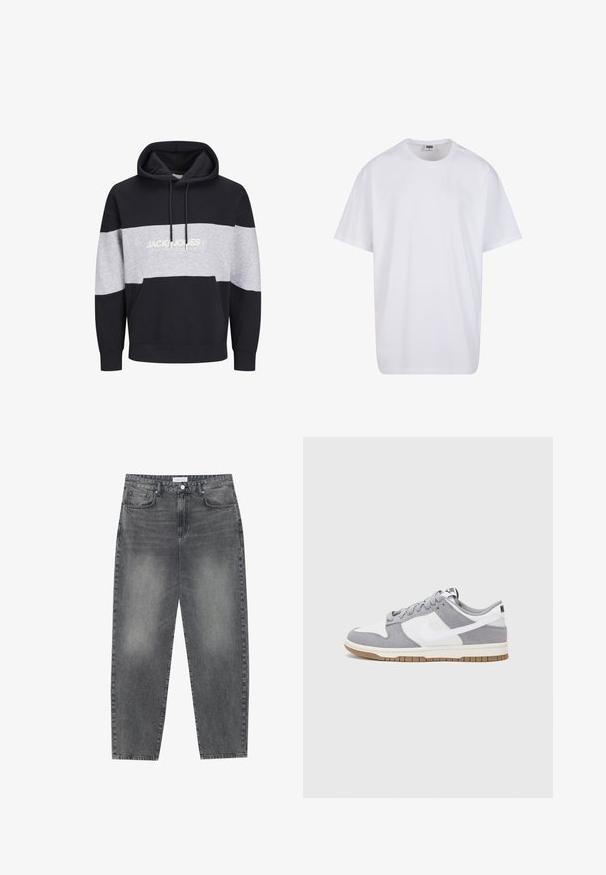 Hodně modrá a šedá barevná bloková mikina s kapucí vyrobená z bavlny, se klokankovou kapsou a potiskem loga na hrudi. Měkká textura a žebrované manžety.; Bílé triko z bavlny s krátkým rukávem, kulatým výstřihem, volným střihem a bez viditelných log či vzorů. Hladká textura a minimalistický design.; Kalhoty s vysokým pasem, volného střihu, vyrobené z vybledlého černého denimu. Mají pět kapes, poutka na opasek a čistý, rovný střih nohavic.; Šedé a bílé tenisky s svrškem z jemné kůže a kůže, kulatou špičkou, plochými tkaničkami a gumovou podrážkou s akcentem v barvě gumy.
