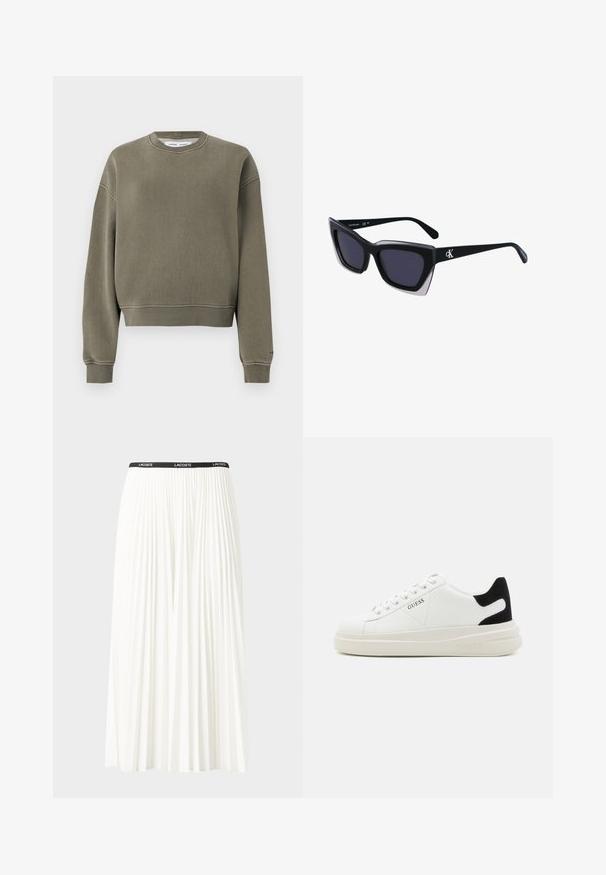 Oliivroheline lühikeste varrukatega dressipluus pehmest kangast, ümmarguse kaelusega, pikad varrukad ja soonikute servad all ja varrukatel.; Kurtitudega valge seelik musta elastse vööga, millel on "LACOSTE" logo. Keskmise pikkusega disain pehme tekstuuriga.; Valged nahast tennisetossud paksu valge tallaga, musta sametist kontsakeeuga ja külje peal riigilogo reljeefne kujundus. Lukkeskeem kuue silmaauguga.; Mustad suured mustad prillid geomeetrilise kujuga, tumedate läätsedega ja kontrastse halli detailiga raamidel. Logo käe peal.