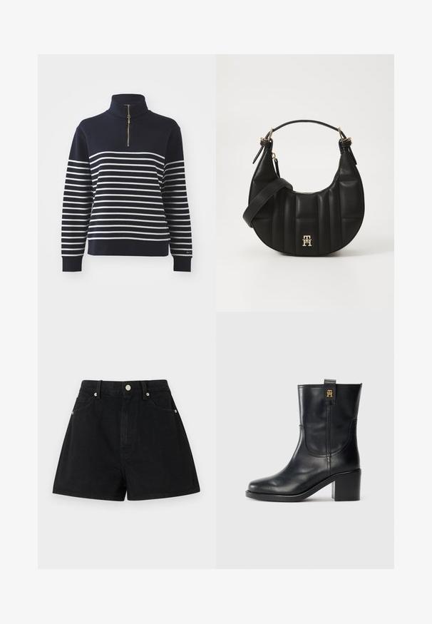 Marineblå genser med hvite horisontale striper, featuring høy krage og gullglidelås. Ribbestrikkede mansjetter og hem, myk strikket tekstur.; Sorte denimshorts med høy midje, fem lommer, sølvfarget detaljer og standard passform, med en jevn tekstur og ren finish.; Sorte lærmidikalv støvler med blokkkilt og gull "TH" logo på drahank mot hvit bakgrunn.; Svart skinnhåndveske med en buet form, kviltet tekstur og gullhardware. Har en avtagbar skulderrem og logo-detaljer.