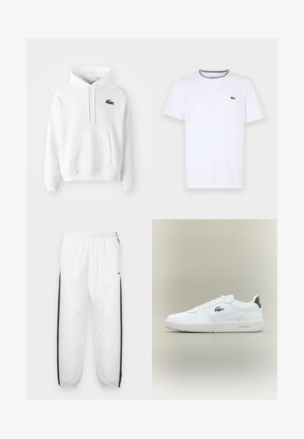 Felpa bianca con cappuccio realizzata in tessuto morbido e testurizzato. Presenta una tasca a marsupio e un logo di coccodrillo ricamato in verde sul lato sinistro del petto. Cappuccio con cordino.; T-shirt bianco a maniche corte in cotone con colletto a coste, caratterizzato da strisce verdi e nere; piccolo logo ricamato verde sul petto sinistro.; Pantaloni da tuta bianchi con pannelli laterali di un verde scuro. Materiale leggero, vita elasticizzata e orli a costine. Presentano una texture in rete sui pannelli laterali.; Sneaker bianco in pelle con una finitura liscia, dettagli verdi sul tallone e un logo verde sul lato. Presenta una suola piatta e una punta rotonda.