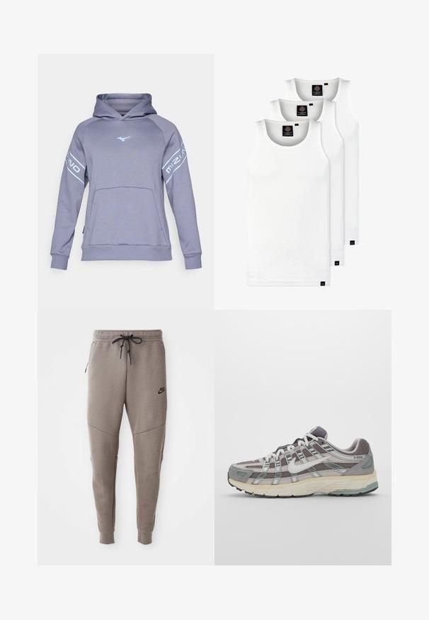 Sweatshirt com capuz em cinza claro com um logótipo azul em contraste. Apresenta um bolso frontal, punhos canelados e um tecido macio e texturizado.; Três tops em algodão de alças brancas com nervuras. Apresentam um decote redondo e pequenas etiquetas pretas perto da bainha. Disponíveis em vários tamanhos.; Calças de treino cinzentas da Nike com um cós elástico ajustável, pernas ajustadas, bolsos laterais e pormenores de costura distintos. Tecido suave e texturizado.; Sapatilha atlética cinza com parte superior em malha e camurça, detalhes brancos, sola acolchoada e um design distinto com elementos refletivos.