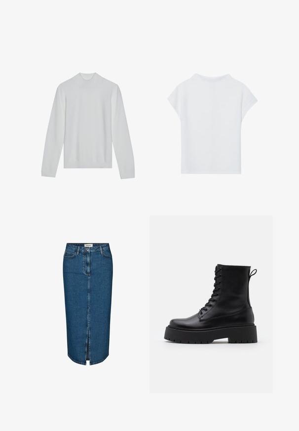 White turtleneck sweater with long sleeves, ribbed collar and hem. Soft texture, minimalist design with no visible patterns or accents.; White short-sleeve top featuring a relaxed fit, lightweight texture, and rounded neckline. Back view shows smooth, simple design.; Denim pencil skirt in dark blue, featuring a front slit, five pockets, and contrasting stitching. Mid-rise waist with a classic design.; Black leather ankle boots with a round toe, lace-up front, and a thick rubber sole featuring a textured tread. Pull tab at the back.