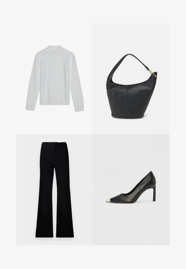 Pull en col roulé blanc avec des manches longues, col et ourlet côtelés. Texture douce, design minimaliste sans motifs ni accents visibles.; Pantalons évasés noirs avec une texture lisse, une taille cintrée et des poches avant, conçus avec une silhouette moderne et élégante.; Chaussure à talon haut en cuir noir avec bout pointu et capuchon argenté métallique. Présente une finition lisse et un talon fin de 10 cm.; Sac à main en cuir noir avec une forme arrondie, une large bandoulière et une finition texturée. Présente un détail de couture subtil et un accent en métal doré.