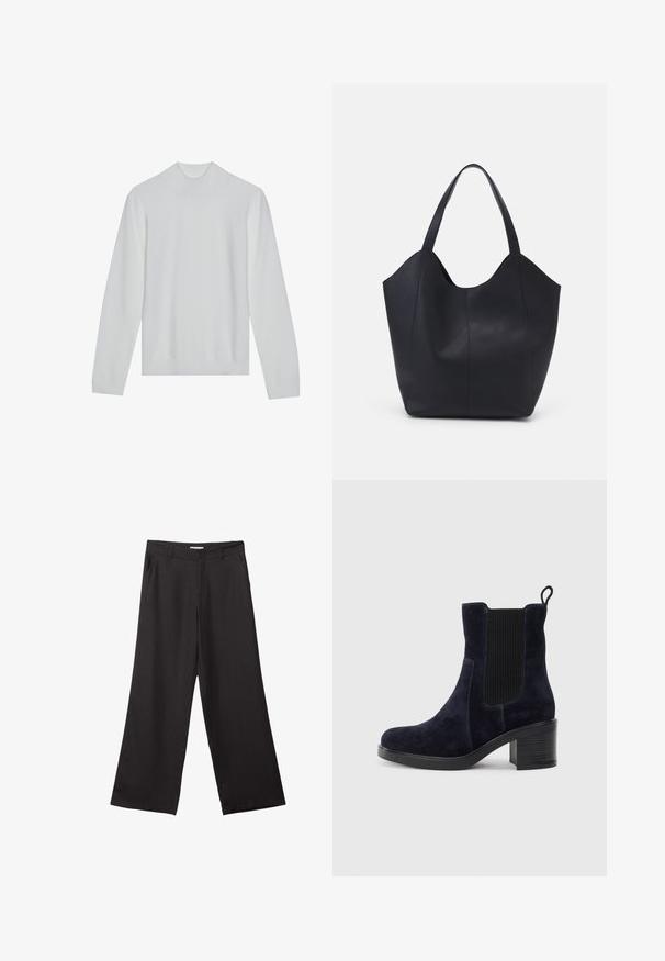 Weißer Rollkragenpullover mit langen Ärmeln, geripptem Kragen und Saum. Weiche Textur, minimalistisches Design ohne sichtbare Muster oder Akzente.; Schwarze weite Hosen aus glattem Stoff, mit einem Reißverschluss vorne und zwei seitlichen Taschen, maßgeschneiderter Passform und minimalistischem Design.; Schnürstiefelette aus dunkelblauem Wildleder mit elastischem Seitenpanel, runder Spitze und Blockabsatz. Das strukturierte Material und die glatte Sohle sorgen für Kontrast.; Schwarze Tote-Bag aus glattem Leder, mit einem abgerundeten, offenen Oberteil, zwei Schulterträgern und einem minimalistischen Design.