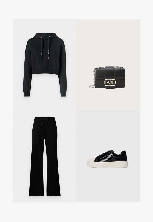 Felpa nera cropped realizzata in tessuto morbido, con cappuccio regolabile, maniche lunghe e polsini e orlo a coste. Presenta dettagli con logo sul davanti.; Pantaloni della tuta neri a gamba ampia con cintura regolabile, dettagli con fessure laterali, tessuto morbido e design elegante.; Sneaker basse con motivo crocco nero lucido, suola in gomma beige e punta, lacci neri e marchio dorato "Armani Exchange" sul lato.; Borsa a tracolla in pelle nera con design trapuntato, tracolla in catena argentata e un prominente logo argentato "AX" sulla parte anteriore. Forma rettangolare compatta.
