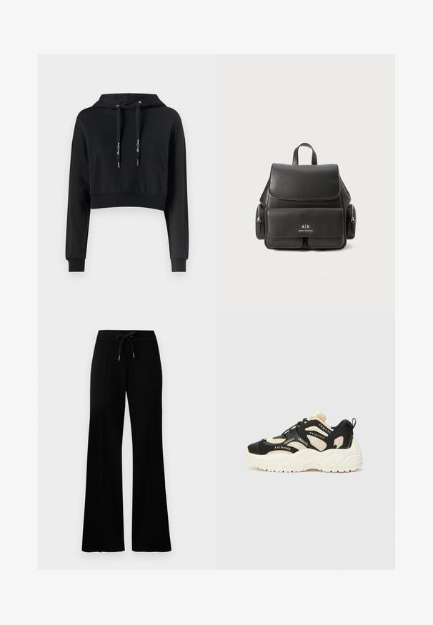 Zkrácená černá mikina s kapucí vyrobená z měkké tkaniny, s dlouhými rukávy a žebrovanými manžetami a lemem. Má logo na přední straně.; Černé široké tepláky s elastickým pasem a šňůrkou, bočním rozparkem, měkkým materiálem a elegantním designem.; Černé a krémové tenisky s texturovanou podrážkou, síťovými panely a akcenty značky. Klasický kulatý špičkový design a šněrovací zapínání. Nastavitelný pásek na patě.; Černý kožený batoh s klopou, přední kapsou, bočními zipovými přihrádkami a horní rukojetí. Na přední straně je umístěno logo.