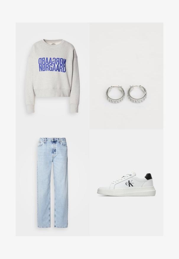 Sudadera corta gris con un audaz estampado gráfico azul que incluye el texto "NORGAARD". El material parece suave y tiene puños acanalados. Textura ligera.; Jeans de pierna ancha en azul claro, confeccionados en denim, con una cintura alta, un lavado desgastado y un sutil patrón de tie-dye en la parte delantera.; Zapatilla baja blanca con talón negro, suela de plataforma, cordones y logotipo "CK" de Calvin Klein en el lado.; Pendientes de aro plateados con un diseño texturizado que presenta estrías verticales. Forma circular con un cierre de seguridad. Acabado suave.