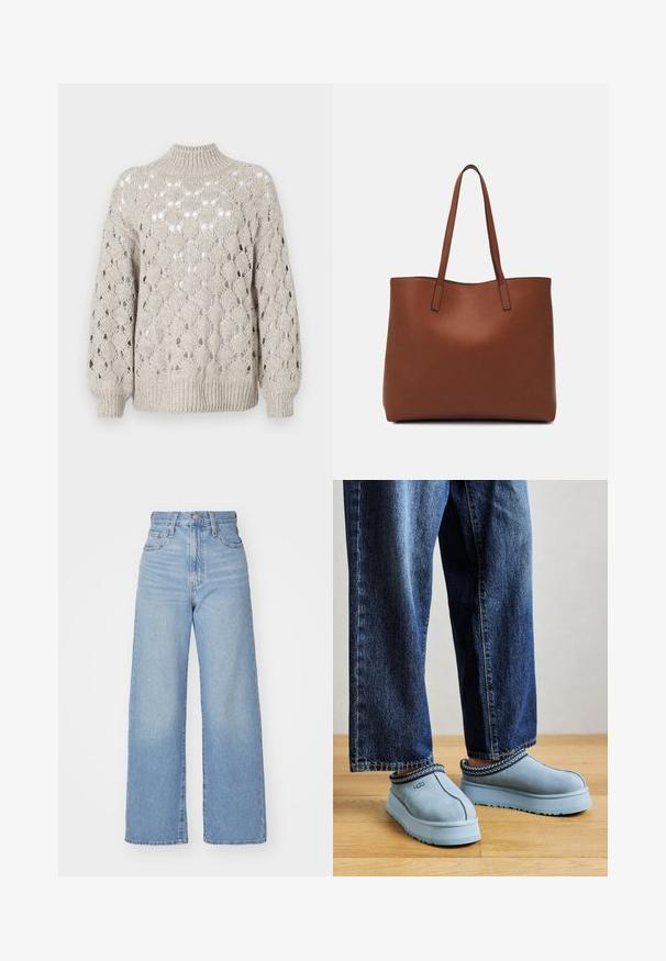 Könnyű bézs kötött pulóver, laza, texturált dizájnnal, nyitott gyémántformák mintájával. Magas nyak és bordázott mandzsetták.; Világoskék, magas derekú, bő szárú farmernadrág, elülső gombbal és cipzárral, elülső és hátsó zsebekkel, fehér háttérrel.; Kék velúr slip-on UGG cipők vastag talppal, kék farmerrel viselve, fából készült padlón, sima háttér előtt.; Barna bőr vászontáska sima textúrával, nyitott tetejű dizájnnal és két vállpánttal. Minimális varrással és látható hardver nélkül készült.