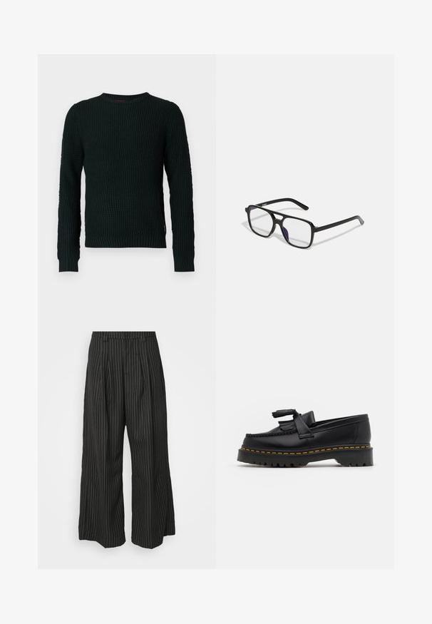 Maglione girocollo in maglia spessa nera con maniche lunghe e polsini e bordo a coste, esposto su uno sfondo bianco.; Pantaloni a gamba larga neri a righe con pieghe, caratterizzati da un design sartoriale e una texture morbida. Nessun hardware o decorazione visibile.; Mocassino in pelle nera con un'accento a frange, dotato di una suola nera spessa e cuciture gialle lungo il bordo. Finitura testurizzata.; Occhiali nere rettangolari con lenti trasparenti e una leggera sfumatura viola, dotati di steli eleganti e di un design minimalista.