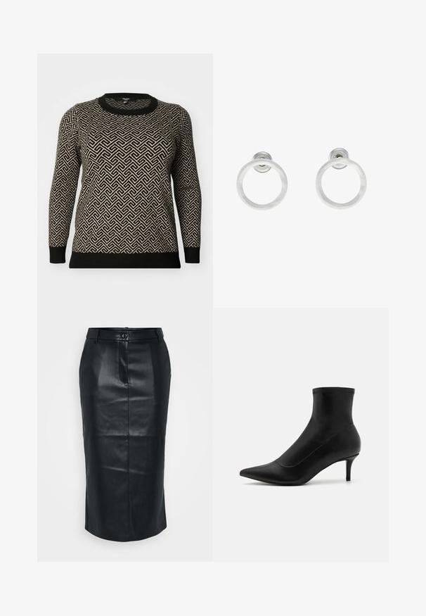 Melnā un pelēkā svītrainā džemperis ar garām piedurknēm, apaļu kakla izgriezumu un ģeometrisku dizainu ar kontrastējošiem ribotajiem piedurknēm un apakšmalu.; Melnas ādas zīda svārki ar augstu jostas vietu, aizmugures šķēlumu, gludu tekstūru un vienu pogu. Izturīgs, pielāgots dizains.; Melnas potītes zābaki, kas izgatavoti no gludas ādas ar norādītu pirkstu un īsu, plānu papēdi. Iezīmējas bez šuvju dizains un smalkas šuvju akcenti.; Sudraba metāla gredzenveida auskari ar matētu faktūru, ar apaļu dizainu un caurspīdīgu aizdari, lai nodrošinātu drošu valkāšanu.
