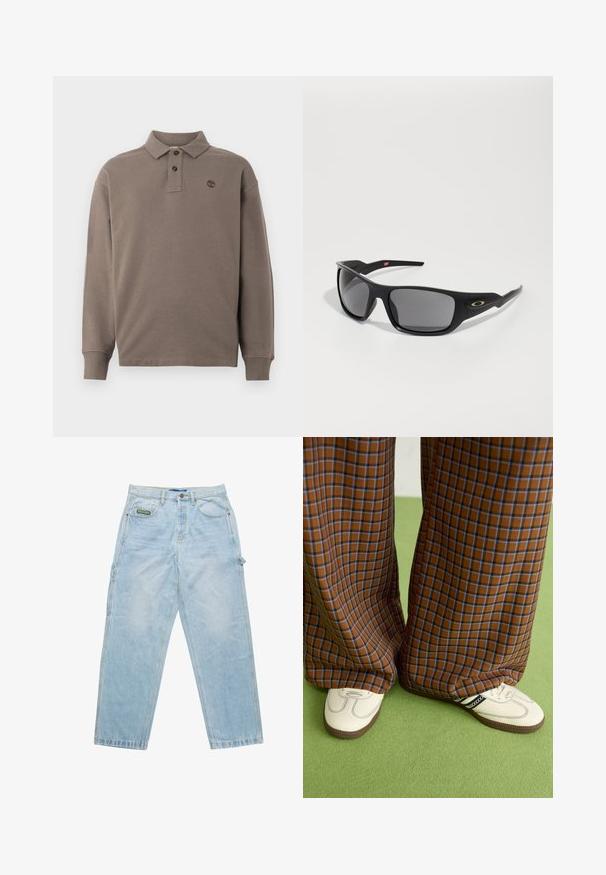Polo a maniche lunghe in cotone beige scuro, con una placca a due bottoni, polsini a coste e un piccolo logo ricamato sul petto.; Jeans in denim blu chiaro con una vestibilità ampia, design a cinque tasche e cuciture visibili. Presenta un'etichetta del marchio sulla tasca anteriore.; Pantaloni a pieghe larghi a quadri marroni e blu abbinati a scarpe bianche con dettagli neri e suole testurizzate, posizionati su uno sfondo verde.; Occhiali da sole neri con forma rettangolare, realizzati in plastica resistente, con lenti grigio scure e un accento dorato sul lato.