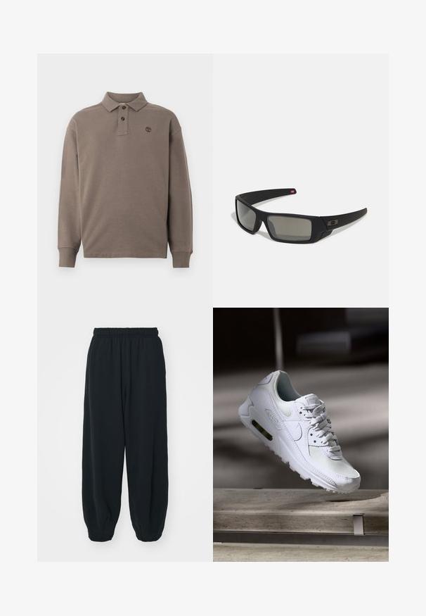 Langärmliges Poloshirt aus dunkelbeigem Baumwollstoff, mit einer Knopfleiste mit zwei Knöpfen, gerippten Bündchen und einem kleinen, auf der Brust gestickten Logo.; Schwarze Sweatpants mit elastischem Bund, lockerer Passform, gerippten Beinabschlüssen, glatter Textur und ohne sichtbare Muster oder Hardware-Akzente.; Weiße Nike Air Max 90 Sneaker mit einem Obermaterial aus Mesh und Leder, durchlässigem Zehenbereich und einer sichtbaren Air-Einheit in der Ferse.; Schwarze Sonnenbrille mit matter Oberfläche, rechteckigen Gläsern, leichtem Bogen an den Schläfen, dezentem Logo-Detail und rauchgetönten Gläsern.