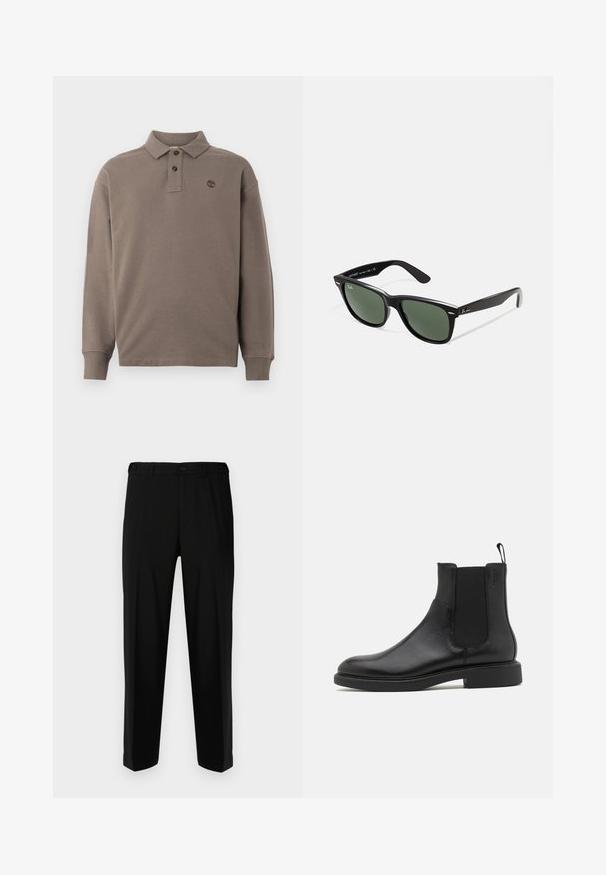 Polo majica z dolgimi rokavi iz temno bež bombaža, s placketom na dva gumba, rebrastimi manšetami in majhnim logotipom vezenim na prsih.; Črne hlače iz gladkega materiala, s ravnim krojem, dvema sprednjima žepoma in zadrgo s gumbom.; Črne usnjene gležnjarje z gladko teksturo, elastičnimi stranskimi paneli in zanko za obuvanje. Okrogel prst in raven gumijast podplat z minimalnim profilom.; Črne plastične sončna očala z zelenimi lečami, kvadratni okvirji, srebrni detajl na obrvi in teksturirani ročaji. Blagovna znamka navedena na notranji strani ročaja.