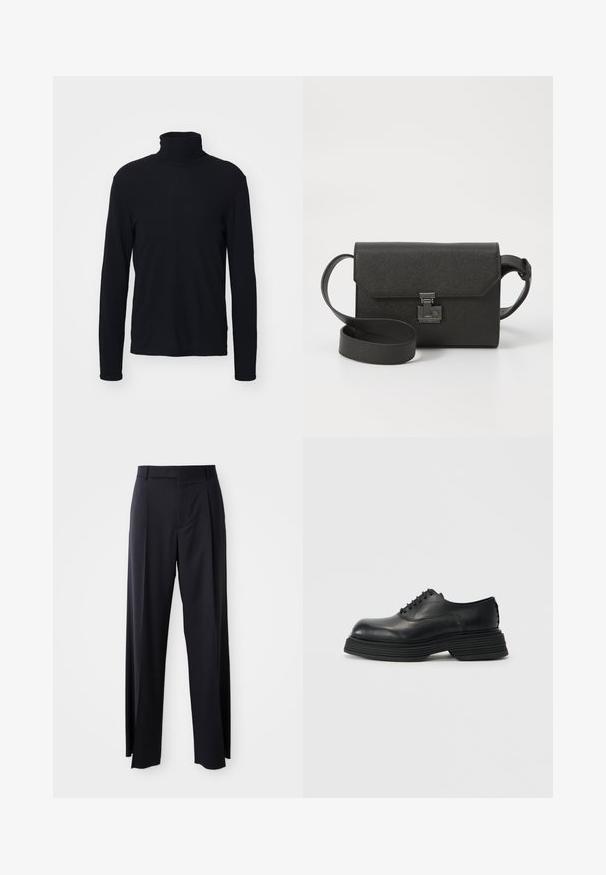 NN.07 CLIVE ROLL - Πουλόβερ - black; Μαύρο παντελόνι ψηλόμεσο με φαρδιά γραμμή, κατασκευασμένο από απαλό ύφασμα. Διαθέτει πιέτες εμπρός και θηλιές ζώνης. Μινιμαλιστικός σχεδιασμός, χωρίς ορατά αξεσουάρ.; Μαύρα δερμάτινα παπούτσια με στρογγυλή μύτη, που διαθέτουν χοντρή στρωτή σόλα και παραδοσιακό σχέδιο με κορδόνια. Λείος υφή με ελάχιστες λεπτομέρειες.; Μαύρη δερμάτινη τσάντα ώμου με υφή, κούμπωμα με καπάκι, μεταλλικά στοιχεία και ρυθμιζόμενο λουρί που ταιριάζει.