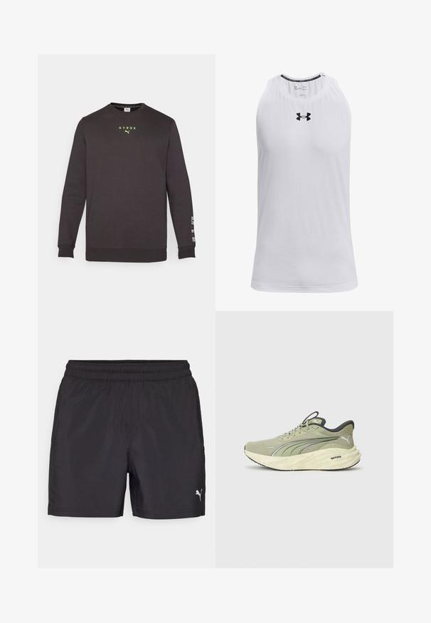 Crna dukserica dugih rukava s okruglim izrezom, reflektirajući žuti "HYROX" logotip na prsima i bijeli tekst na lijevoj rukavici. Mekani, flis materijal.; Bjela bezrukavna majica od mekanog materijala, s okruglim izrezom i crnim Under Armour logotipom na prsima.; Crne atletske kratke hlače s elastičnim pojasom, izrađene od laganog materijala, s malim bijelim logom na donjoj strani.; Svijetložuti sportski tenisice s teksturiranim mrežastim gornjim dijelom, reflektirajućim detaljima, debelim udobnim potplatom i crnim akcentima na peti i potplatu.