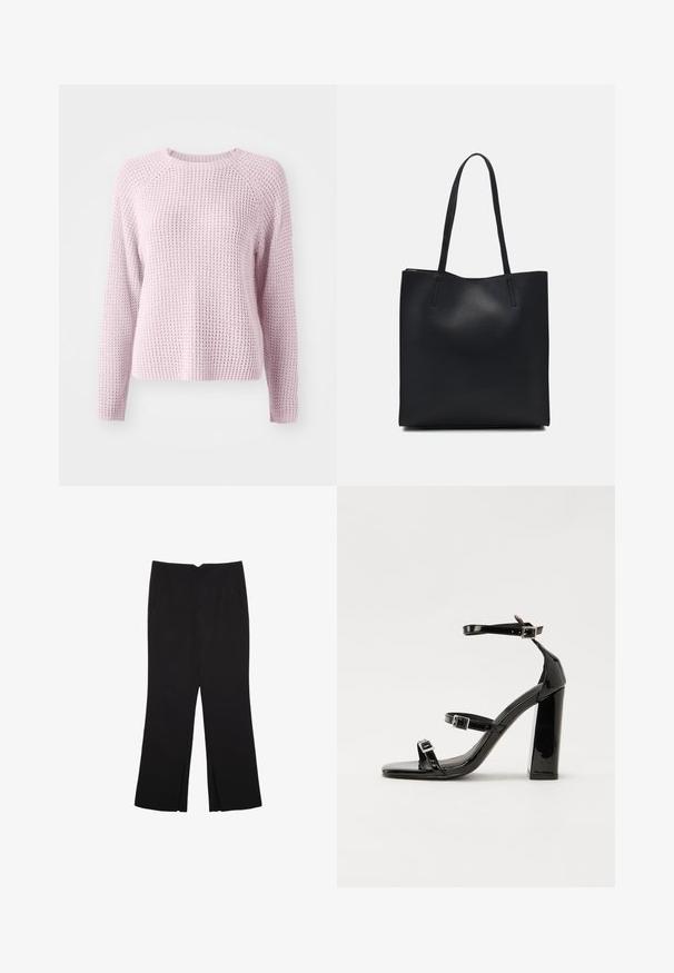 Hellrosa gestrickter Pullover mit strukturiertem, waffelartigem Muster. Verfügt über lange Ärmel und einen runden Ausschnitt, mit Raglanärmel-Design.; Schwarze Hose mit geradem Schnitt, ausgestattet mit Fronttaschen und Seitenschlitzen am Saum. Hergestellt aus weichem, glattem Stoff. Geeignet für verschiedene Anlässe.; Schwarze patentierte Sandalen mit Absatz, quadratischer Spitze, Knöchelriemen und silbernen Schnallen. Mit einem stabilen Blockabsatz für mehr Stabilität.; Schwarze Laptoptasche aus Leder mit glatter Textur, rechteckiger Form und zwei langen Griffen. Keine sichtbaren Beschläge oder Verzierungen.