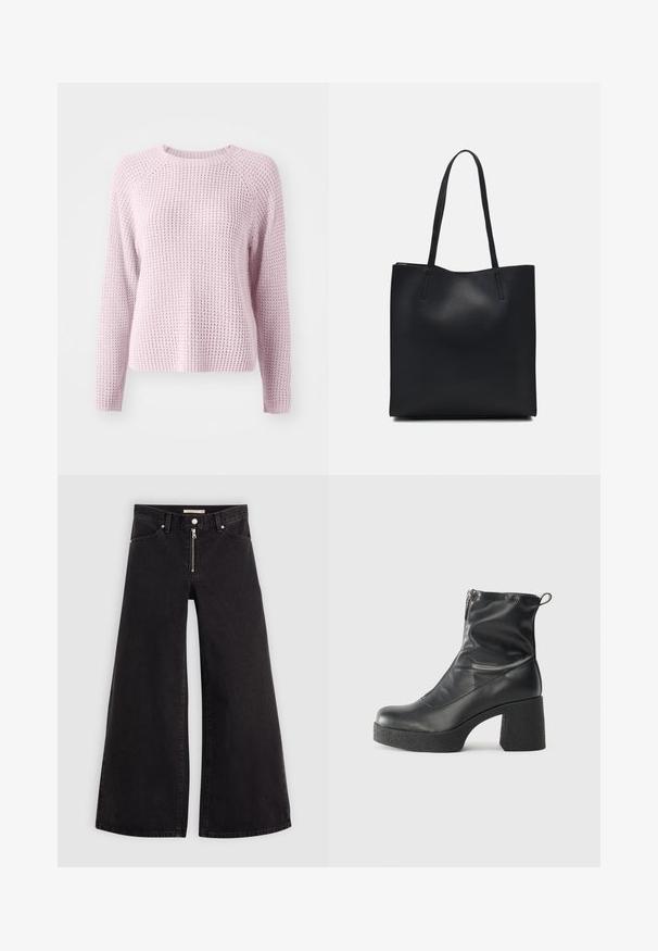 Gaiši rozā adīts džemperis ar teksturētu, vafeles līdzīgu rakstu. Piedāvā garas piedurknes un apaļu kakla izgriezumu, ar raglanu piedurkņu dizainu.; Platas kājas džinsi melnā džinsa audumā ar rāvējslēdzēju priekšā, piecu kabatu dizains un smalkas šuvju detaļas. Gluda tekstūra un ikdienišķs stils.; Melni potītes zābaki, kas izgatavoti no gludas ādas, ar sānu rāvējslēdzēju, masīvu strukturētu papēdi un noapaļotu purngalu.; Melnas ādas somiņa ar gludu tekstūru, taisnstūra formu un divām garām rokturiem. Nav redzamu aparatūras vai rotājumu.