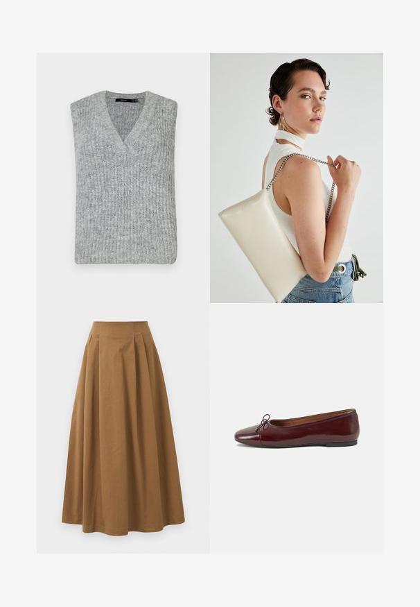 Gilet en maille grise avec un col en V et sans manches. Présente une texture côtelée et un ourlet droit.; Jupe A-line en coton brun avec taille haute, dotée de plis sur le devant et d'une texture lisse. Les finitions de l'ourlet sont nettes et simples.; Ballerines en cuir verni bordeaux avec un bout rond, un petit nœud décoratif à l'avant et une semelle en caoutchouc noire basse. Texture lisse.; Pochette rectangulaire blanche en matériau brillant, avec une bandoulière en chaîne argentée. Le modèle pose en mettant en valeur le sac contre un fond uni.