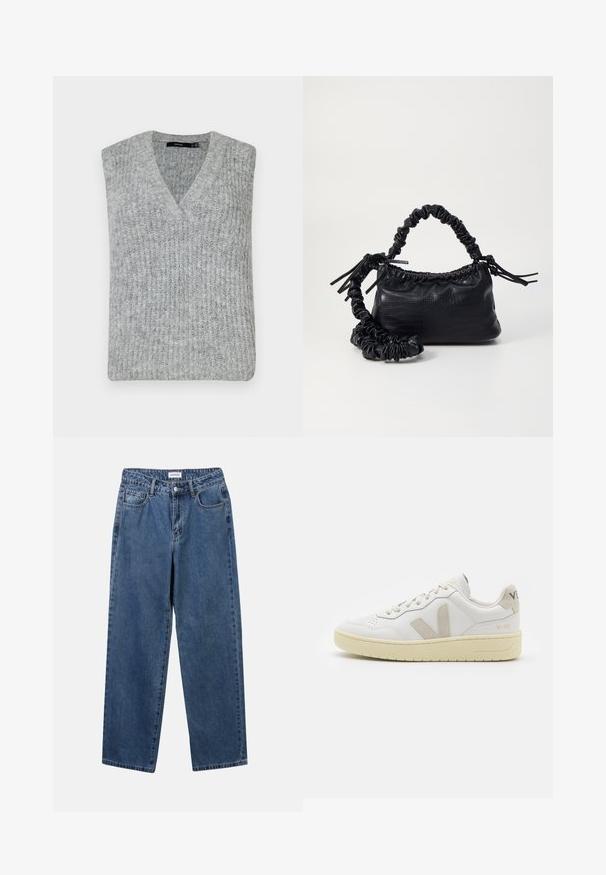 Szürke kötött mellény V-kivágással és ujjatlan kialakítással. Bordázott textúrával és egyenes alsó szegéllyel rendelkezik.; Klasszikus kék farmernadrág egyenes szárú dizájnal, öt zsebbel és gombos zárással. Közepes mosású és strapabíró textúrával rendelkezik.; Fehér bőr sneaker bézs velúr részletekkel, perforált orr résszel, lapos fűzőkkel és textúrált krémszínű talppal. Finom márkajelzés található a sarkán.; Fekete műbőr kézi táska krokodil bőr textúrával, összehúzható tetejű és gyűrt pánttal. Lágy és kompakt dizájnúnak tűnik.