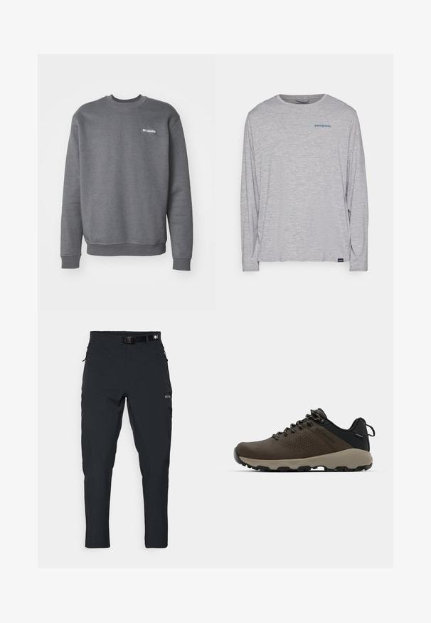 Grå hettegenser laget av fleece, med ribbestrikket halslinning og mansjetter, og en liten hvit logo på venstre bryst.; Lys grå langermet t-skjorte laget av myk, teksturert stoff. Har rund hals og en liten blå Patagonia-logo på brystet.; Columbia ESSENTIAL HIKE™ PANT - Friluftsbukser - black; Brune vanntette joggesko med teksturert overdel, perforerte detaljer, svart hæl støtte og en grå gummisåle. Snøring er stilisert med metalliske ender.