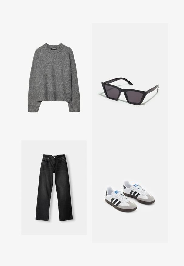Sivi pleteni pulover s okruglim izrezom, rebrastim manžetama i rubom, s ležernim krojem i mekanom teksturom.; Bershka Traperice ravnih nogavica - mottled dark grey; Sportske cipele s gornjištem od bijele kože, sivi suedinasti nos i tri crne pruge. Imaju plavi logo na jeziku i teksturiranu gumenu podlogu.; Crne, uglaste sunčane naočale sa sivoj lećama; izrađene od plastike, imaju debele nogice s glatkom površinom i bez vidljivih metalnih dijelova.