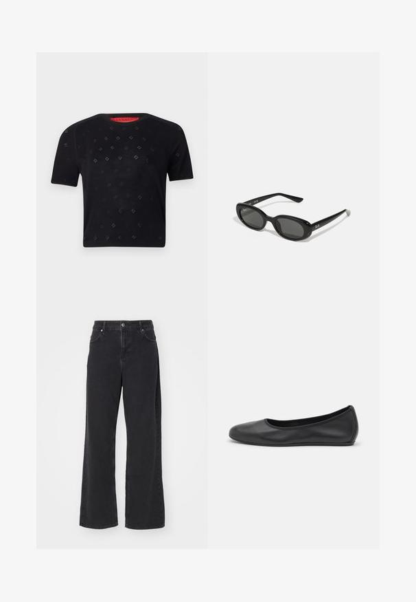 Juodas trumpomis rankovėmis marškinėliai su apykakle, papildyti deimanto formos išpjovomis ir glotnia tekstūra. Raudonas etiketas matomas kaklo srityje.; Balta ilga rankovė marškiniai su smailiu apykakle, priekyje su mygtukų uždarymu ir prigludusiu dizainu. Lygus medvilnės audinys su subtiliais siuvimo detalėmis.; Juodais aukštu liemeniu tiesiais džinsais su priekyje esančia saga, diržo kilpomis ir kišenėmis, eksponuojami ant baltos fono.; Juodai odiniai baletai su apvaliu pirštu, lygi texture, minimalus siuvimo detales ir lanksčiu padų dizainu.; Juodos saulės akiniai su ovaliais lęšiais, blizgiai plastikinis rėmas ir plonos kojelės. Šone matomas balta Ray-Ban logo.