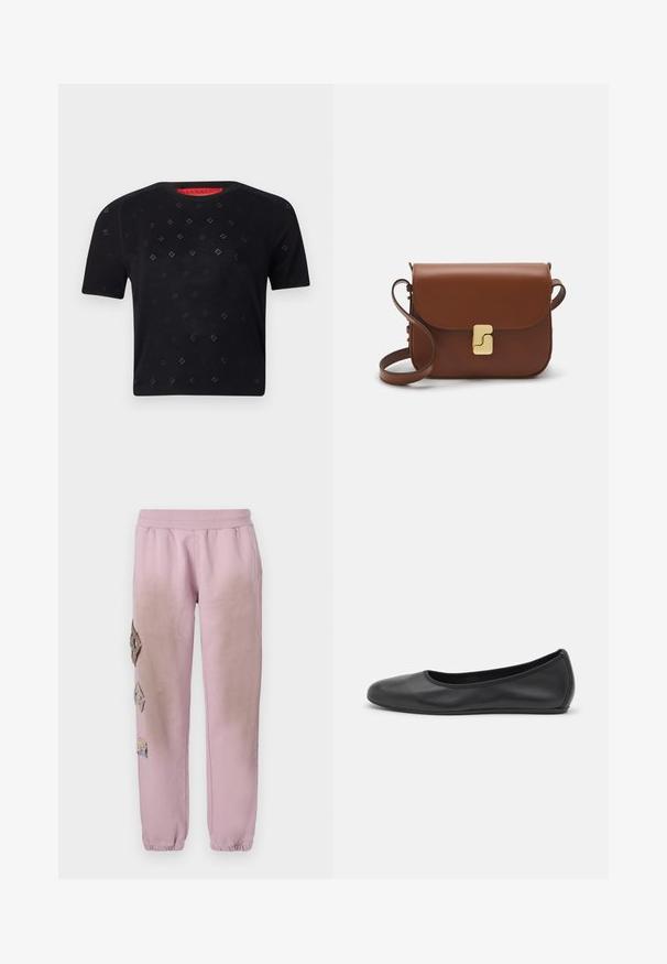 Melna īsām piedurknēm blūze ar apaļu izgriezumu, ar dimanta formas izgriezumiem un gludu audumu. Sarkanā etiķete redzama ap kaklu.; Rozā sporta bikses ar elastīgu jostu, kurām labajā pusē ir dekoratīvi uzliktni dimanta formā un elastīgas apkakles pie potītēm.; Melna ādas baleta kurpe ar noapaļotu purngalu, gludu tekstūru, minimālu šuvju detalizāciju un elastīgu zoles dizainu.; Bordo ādas rokas soma ar atloku, zeltītām detaļām, plecu siksnu un gludu virsmu. Kompakta, taisnstūrveida forma.