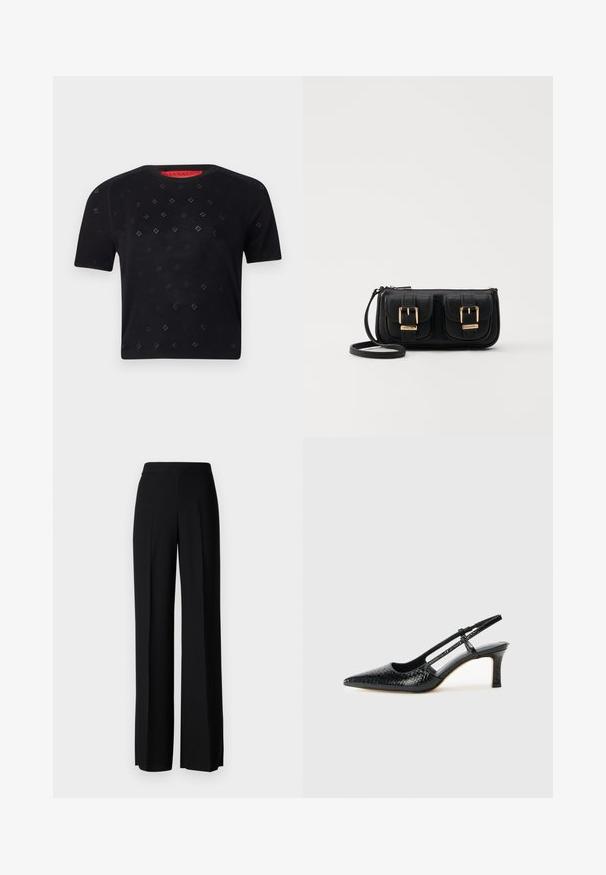 Musta lyhythihainen toppi, jossa on pyöreä kaula-aukko, timantinmuotoisia aukkoja ja sileä pinta. Punainen etiketti näkyy kaula-aukossa.; Mustat leveälahkeiset housut, joissa on sileä pinta, korkea vyötärö ja keskiset laskokset. Ei näkyviä kuvioita tai metalliosia.; Musta patent slingback-kiilakorko teräväkärkisellä muotoilulla, jossa on teksturoitu käärmeennahkakuosi, säädettävä remmi ja lyhyt, teksturoitu blokkiheel.; Musta nahkainen olkalaukku, jossa on kaksi etutaskua, kultaiset soljet, vetoketjukiinnitys ja kapea hihna. Teksturoidun pinnan ja kompaktin suorakaiteen muoto.