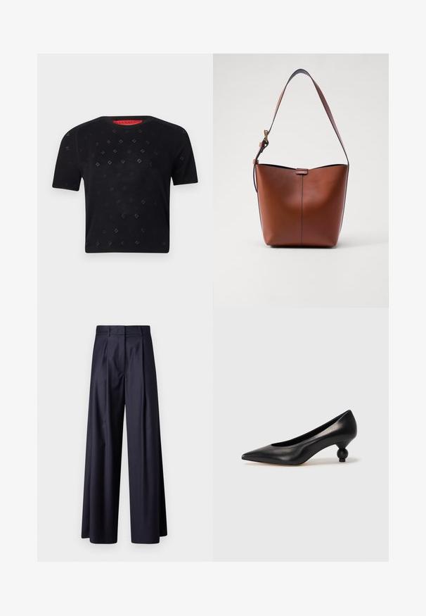 Top corto a maniche corte nero con scollo a girocollo, caratterizzato da tagli a diamante e una texture liscia. Etichetta rossa visibile all'collo.; Pantaloni a gamba larga in tessuto blu scuro, con pieghe, una texture liscia, un design su misura e una vita alta.; Scarpa con tacco alto in pelle nera, con punta affilata e tacco arrotondato e bombato. Texture liscia con un design elegante e minimalista.; Borsa a spalla in pelle marrone con forma curvata, texture liscia e una sottile tracolla. Presenta una cucitura discreta e un piccolo dettaglio con logo.