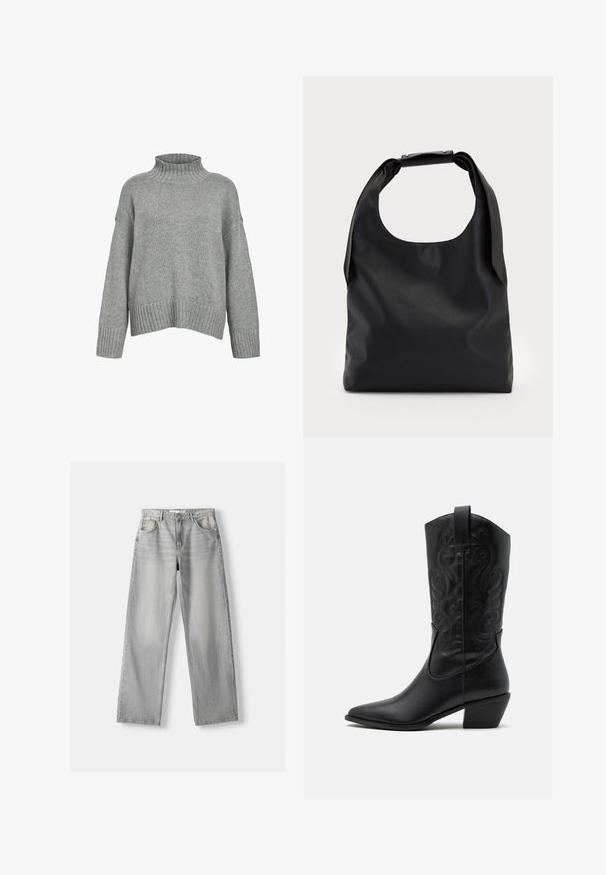 Hellgrauer, gestrickter Pullover mit hohem Rippenkragen, überschnittenen Schultern sowie Rippenbündchen und -saum, der eine strukturierte Oberfläche aufweist.; Hellgraue, langärmlige Strickjacke mit Rundhalsausschnitt, die über eine Fünf-Knopf-Leiste mit runden, glänzenden Knöpfen und einem taillierten Schnitt verfügt.; Helle graue Jeans aus Denim mit geradem Bein, ausgestattet mit zwei vorderen Taschen, einem Knopfverschluss und subtilen Abnutzungen für Struktur.; Schwarze Leder-Cowboy-Stiefel mit spitzem Zeh, geprägten, wirbelnden Mustern und einem mittelhohen Absatz. Mit einem Zuglasche für einfaches An- und Ausziehen.; Schwarze Leder-Hobo-Tasche mit einem einzelnen, weichen, abgerundeten Griff; verfügt über eine glatte Textur und ein minimalistisches Design. Keine sichtbaren Beschläge oder Akzente.